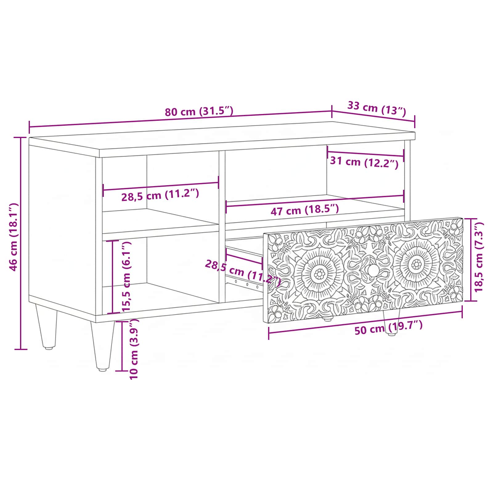 TV-kast met lade Wit 80 x 33,5 x 46 cm Massief Mango Hout image 12