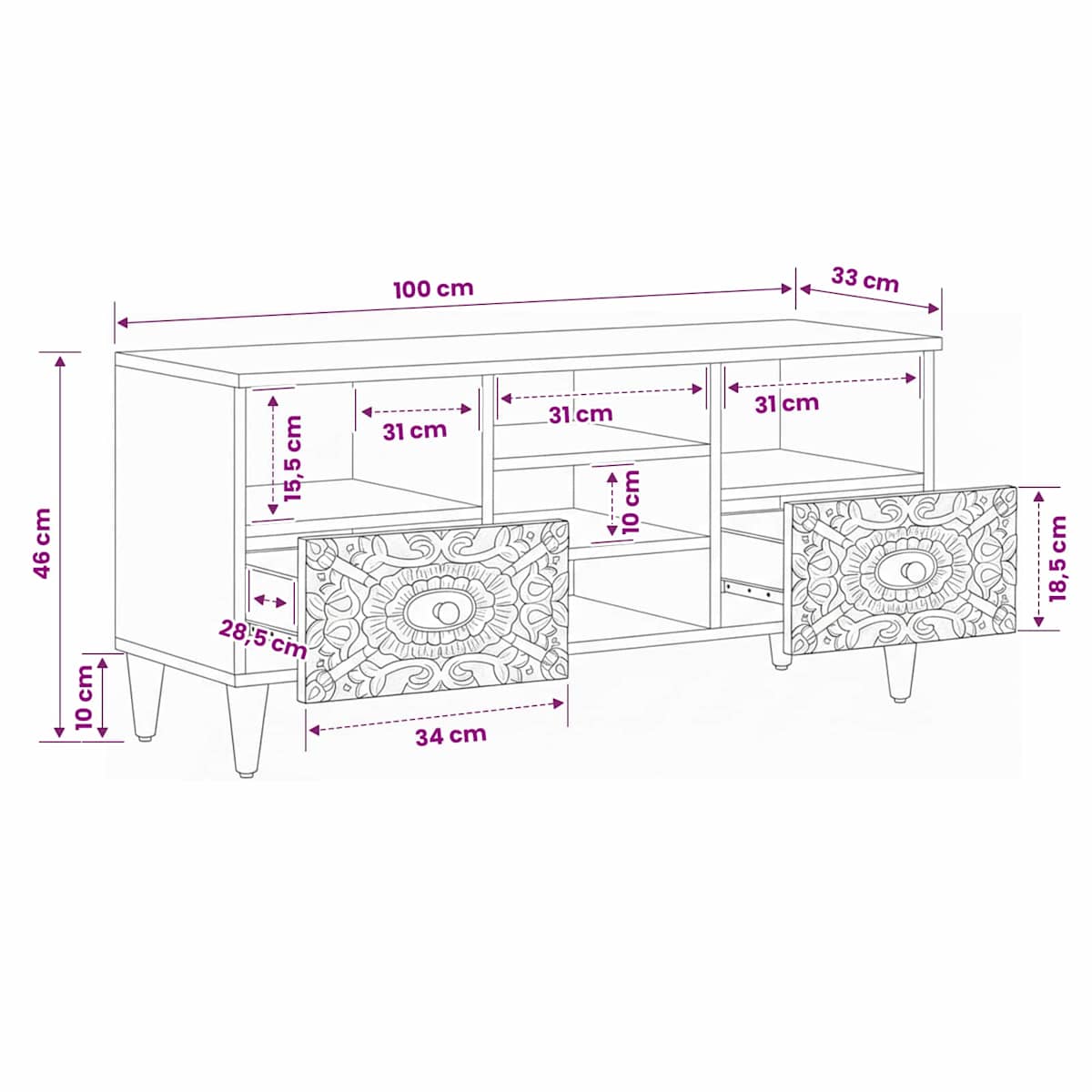TV-skab med skuffe 100 x 33,5 x 46 cm Massivt mangotræ - Billede 11