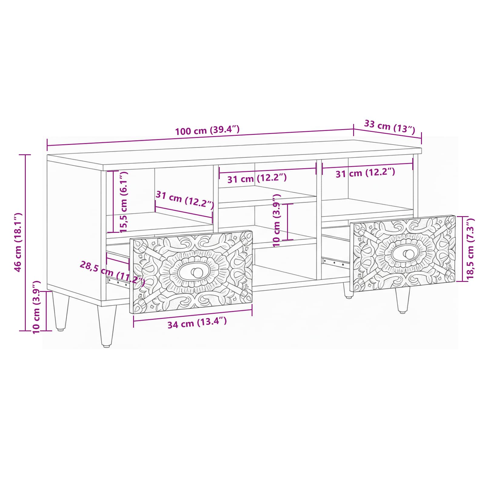 TV-kast met lade Wit 100 x 33,5 x 46 cm Massief Mango Hout image 11