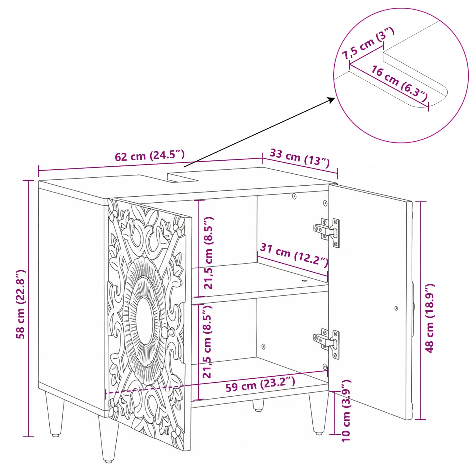 Badkamer wastafelkast Wit 62 x 33 x 58 cm Massief Mango Hout image 12