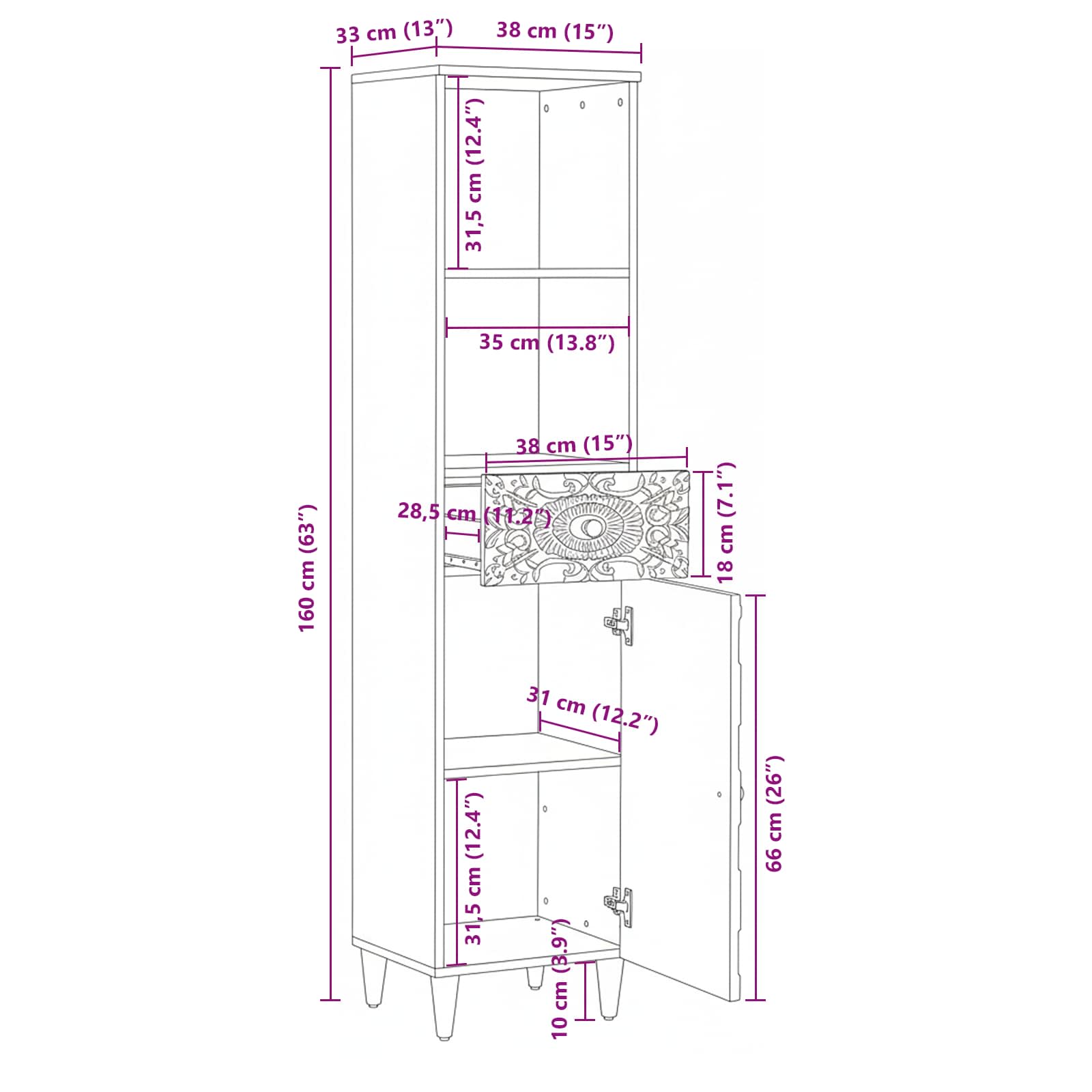 Badkamerkast met lade Wit 38 x 33,5 x 160 cm Massief Mango Hout image 12