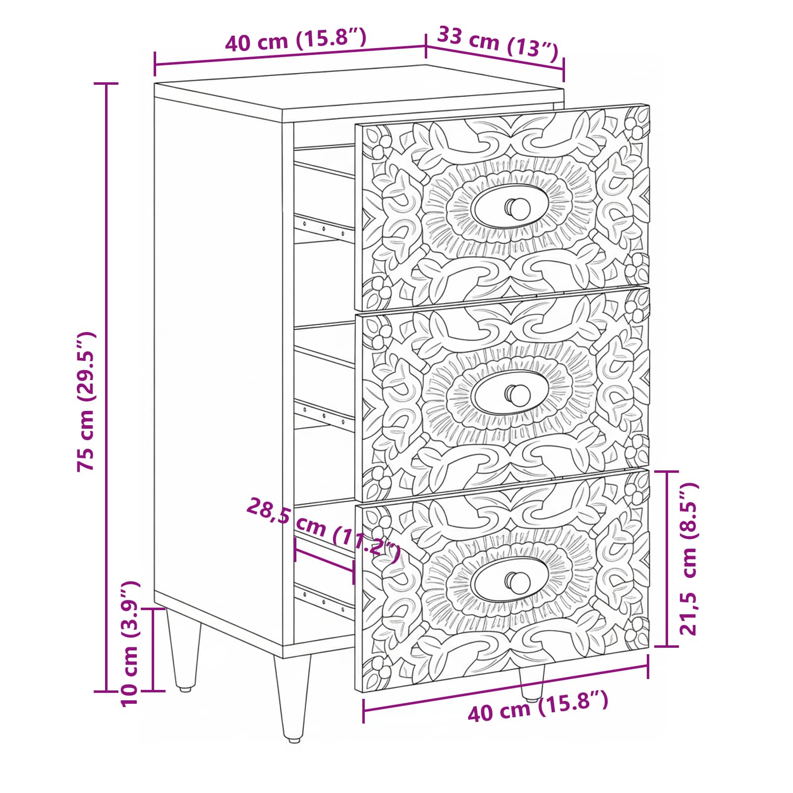 Dressoir met lade Wit 40 x 33,5 x 75 cm Massief Mango Hout image 11