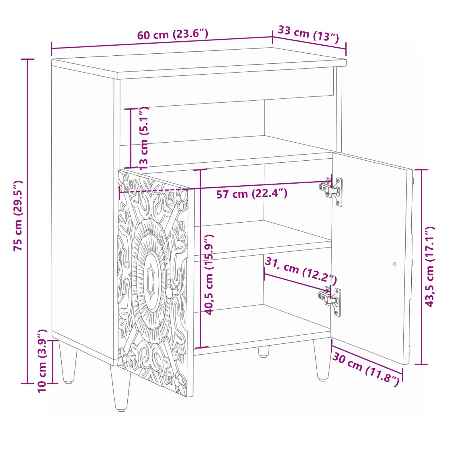 Dressoir met opslag Wit 60 x 33,5 x 75 cm Massief Mango Hout image 11