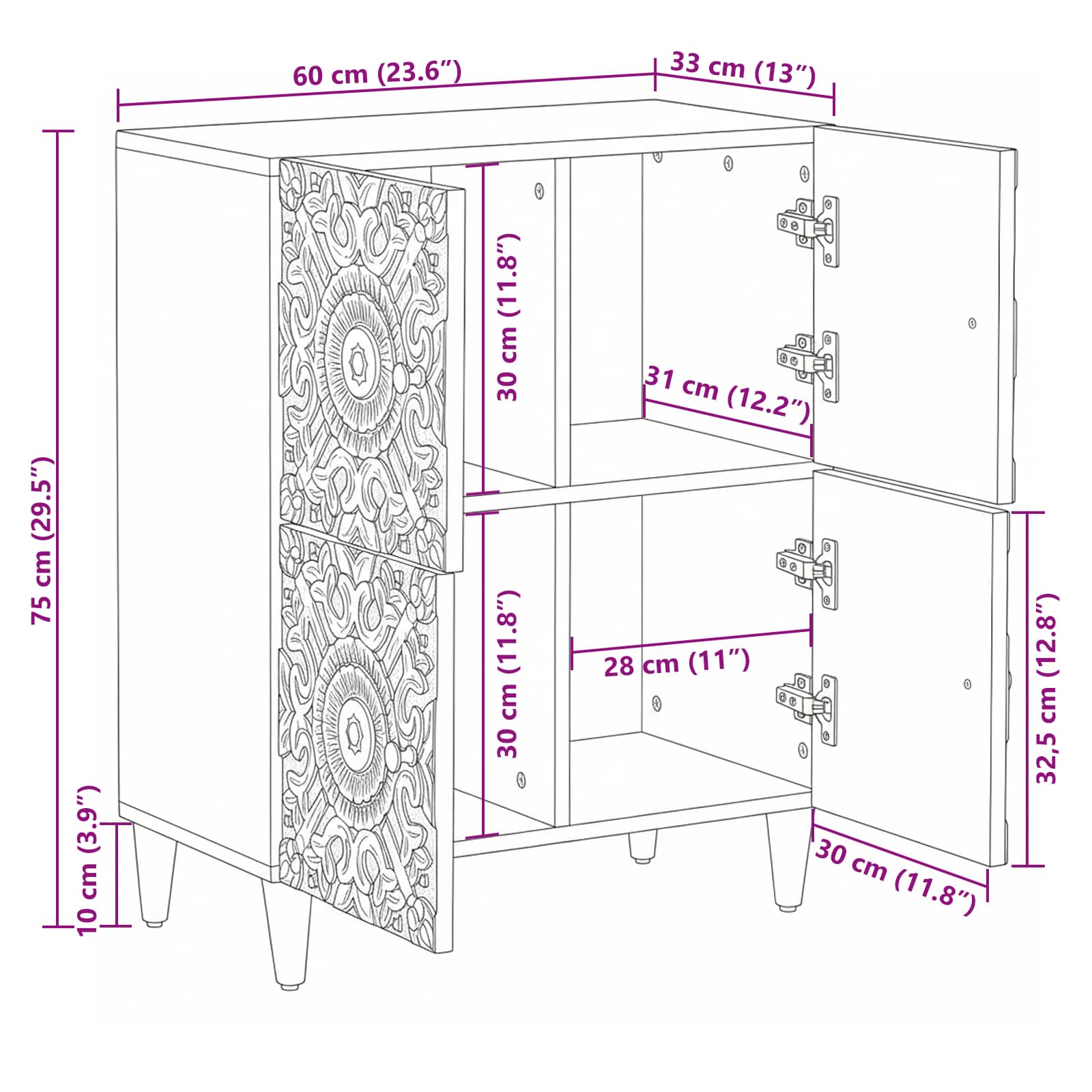 Dressoir met opslag Wit 60 x 33,5 x 75 cm Massief Mango Hout image 11