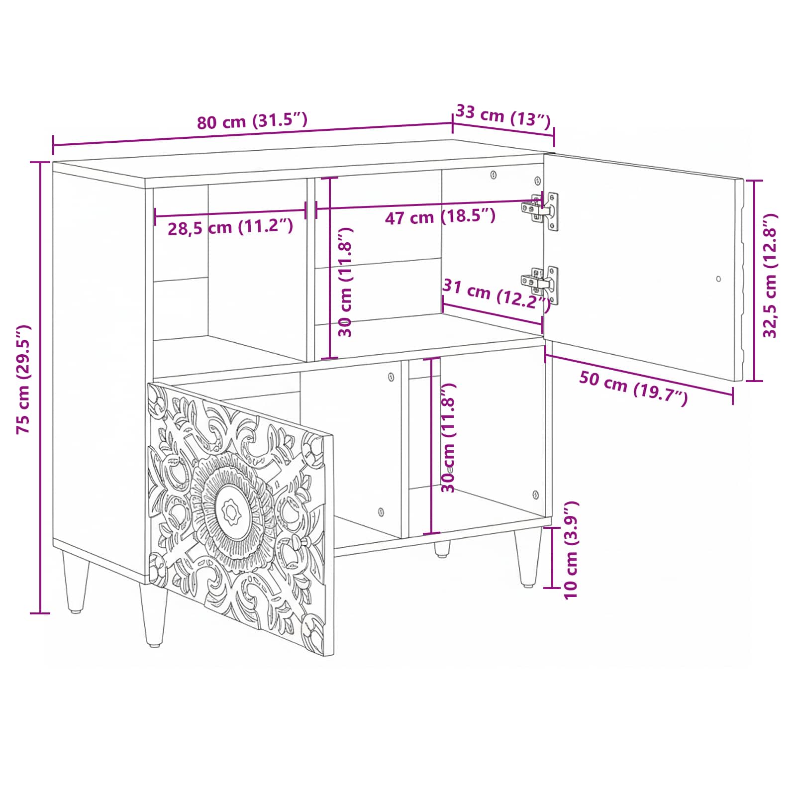 Dressoir met opslag Wit 80 x 33,5 x 75 cm Massief Mango Hout image 12