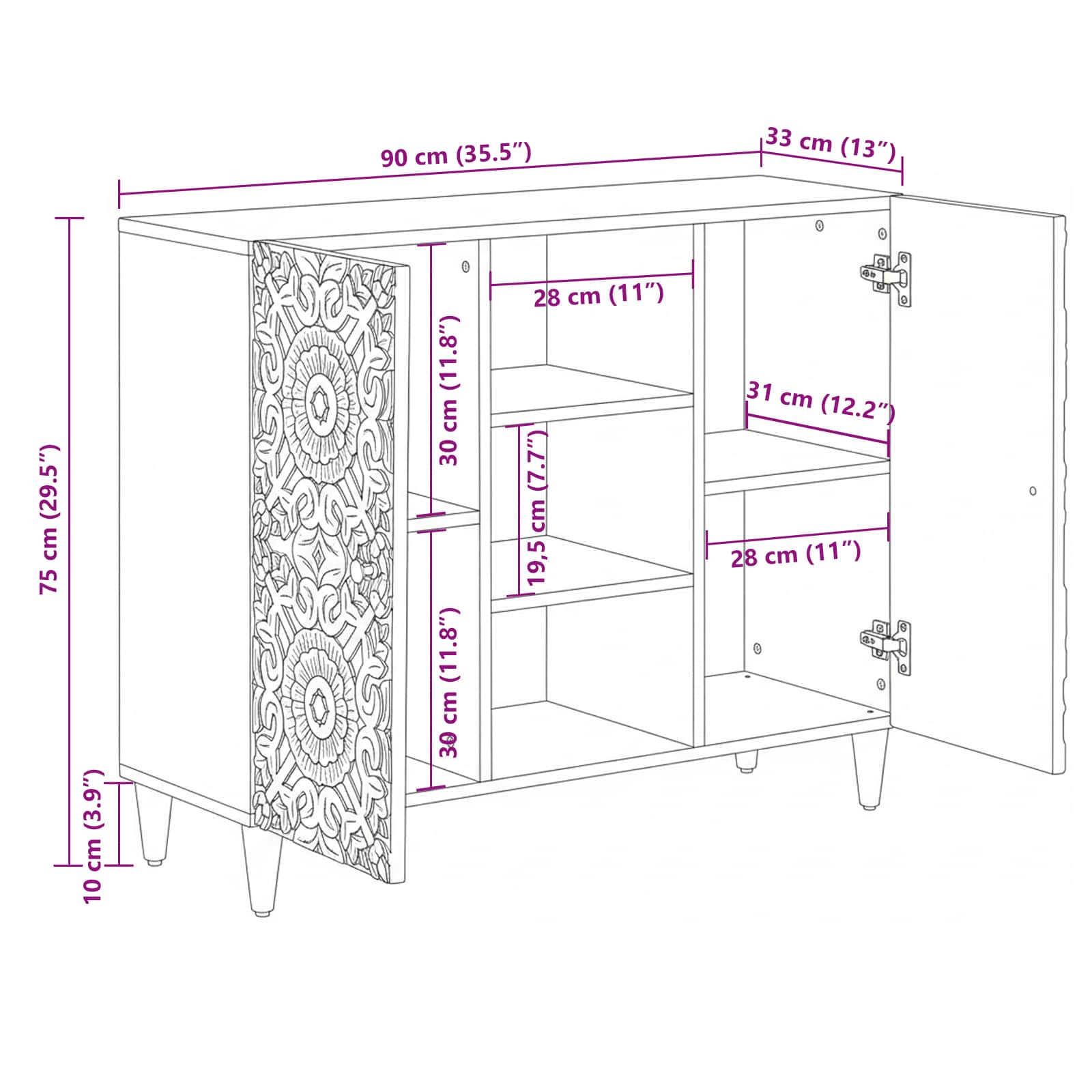 Dressoir met plank Wit 90 x 33,5 x 75 cm Massief Mango Hout image 11