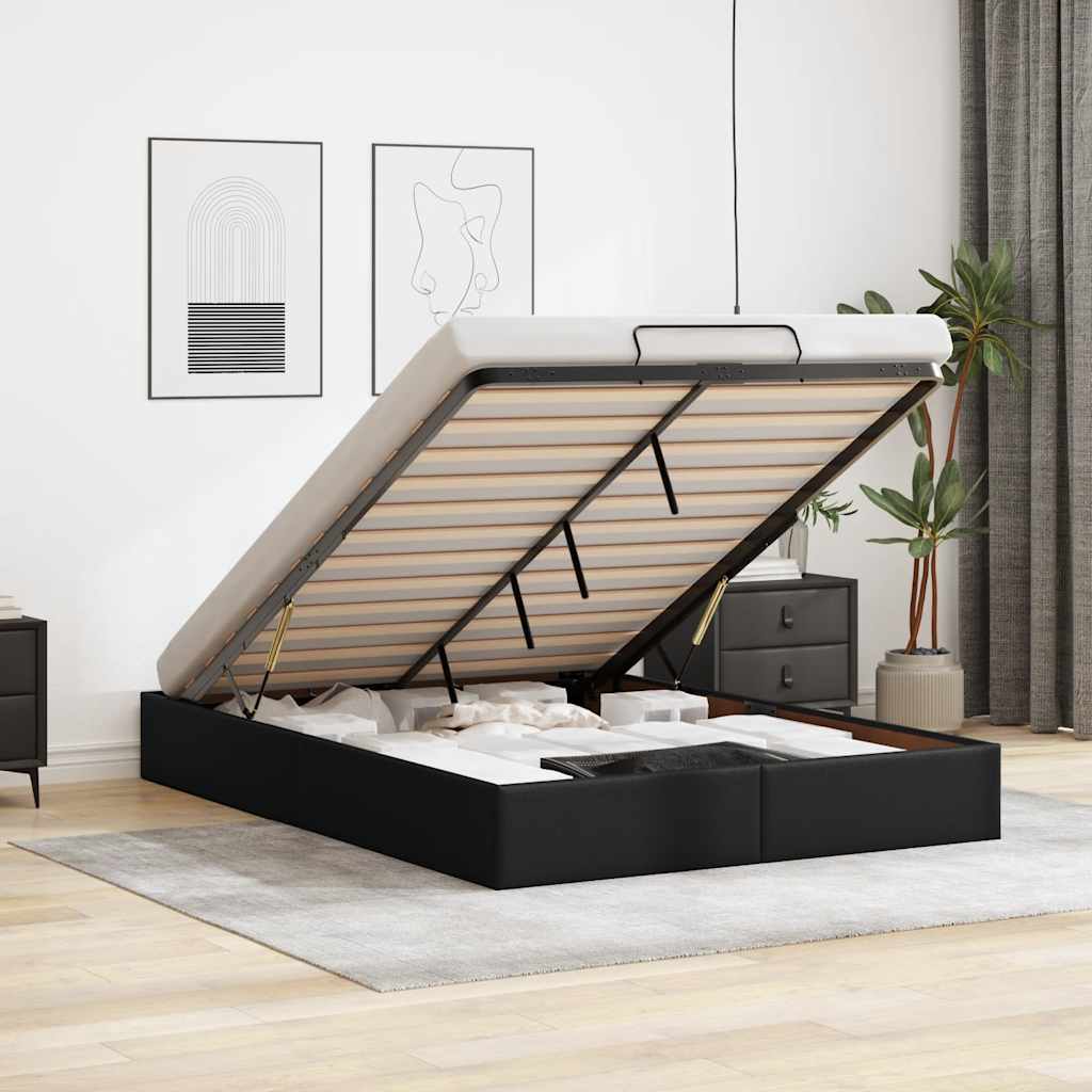 TopSellers-Ottoman Storage Bed Frame - Black Faux Leather Double Design