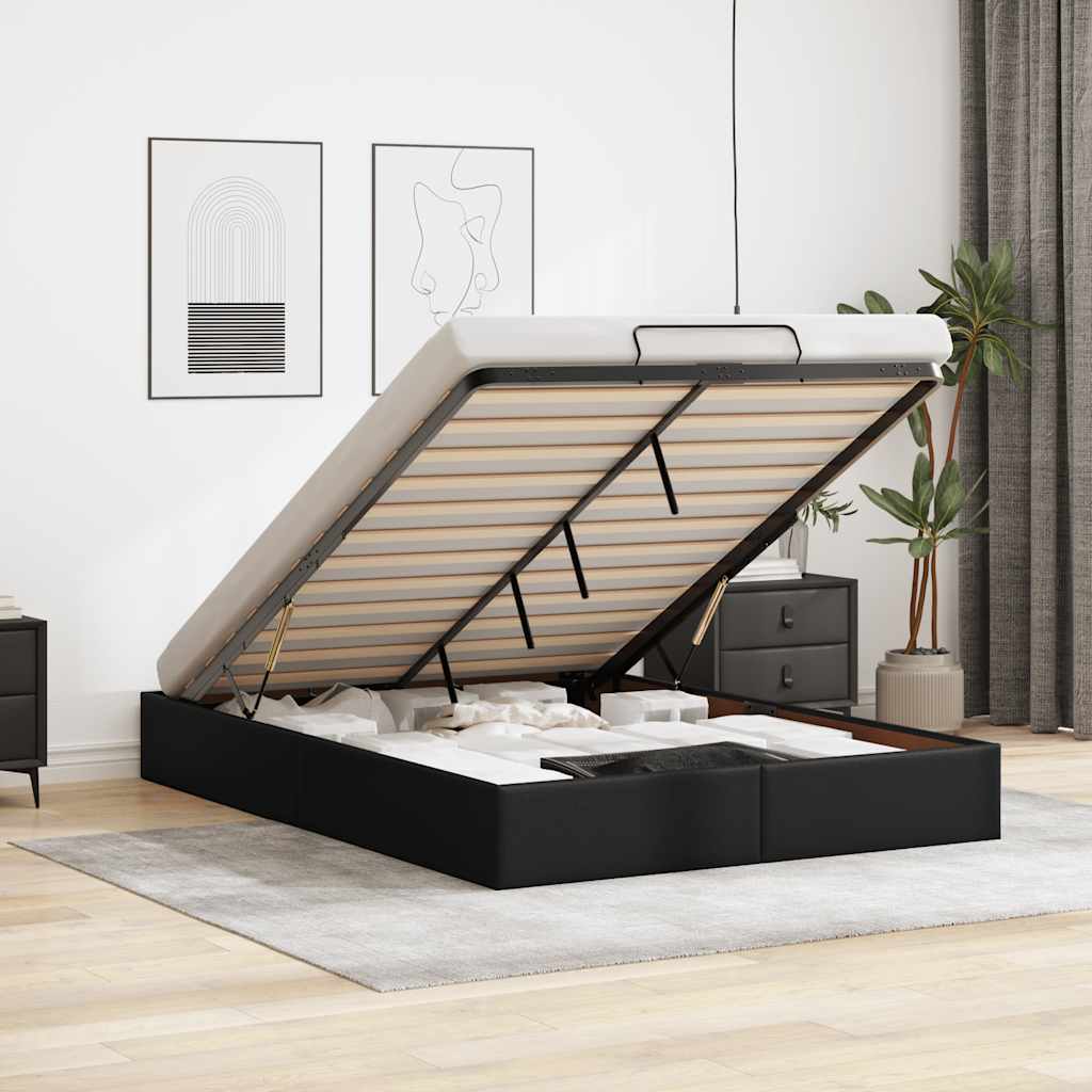 TopSellers-Ottoman Storage Bed Frame - Black Faux Leather Queen Size