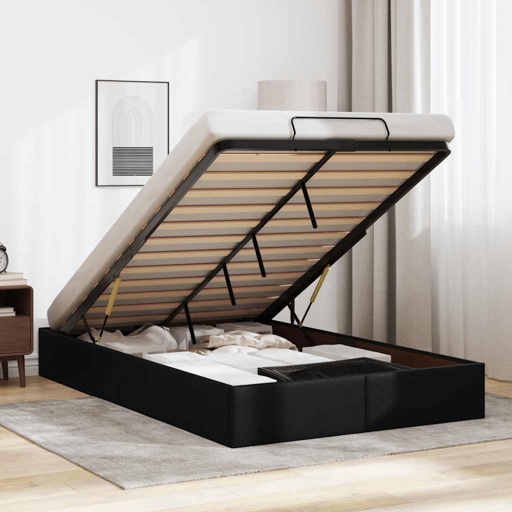 TopSellers-Ottoman Storage Bed Frame - Black Faux Leather - King Single