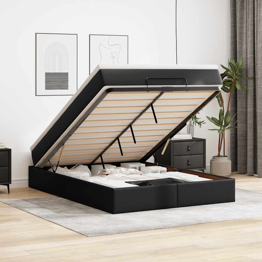 TopSellers-Ottoman Bed with Mattress - Black Faux Leather Queen Size