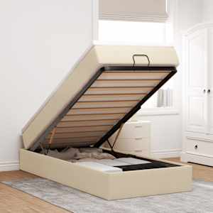 Otomanski posteljni okvir z vzmetnico krem 90x200 cm blago