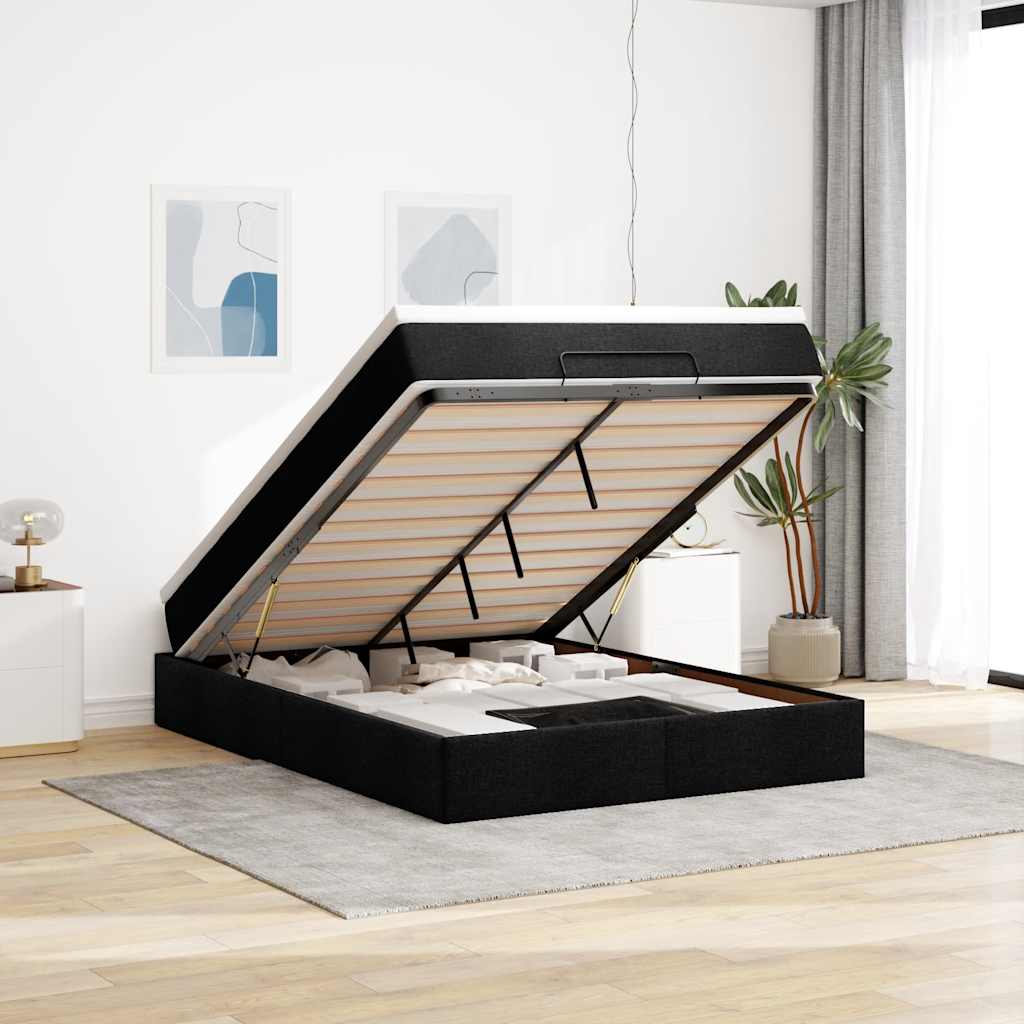 Osmannisk sengeramme med opbevaring og madras 140x200 cm - stof, sort