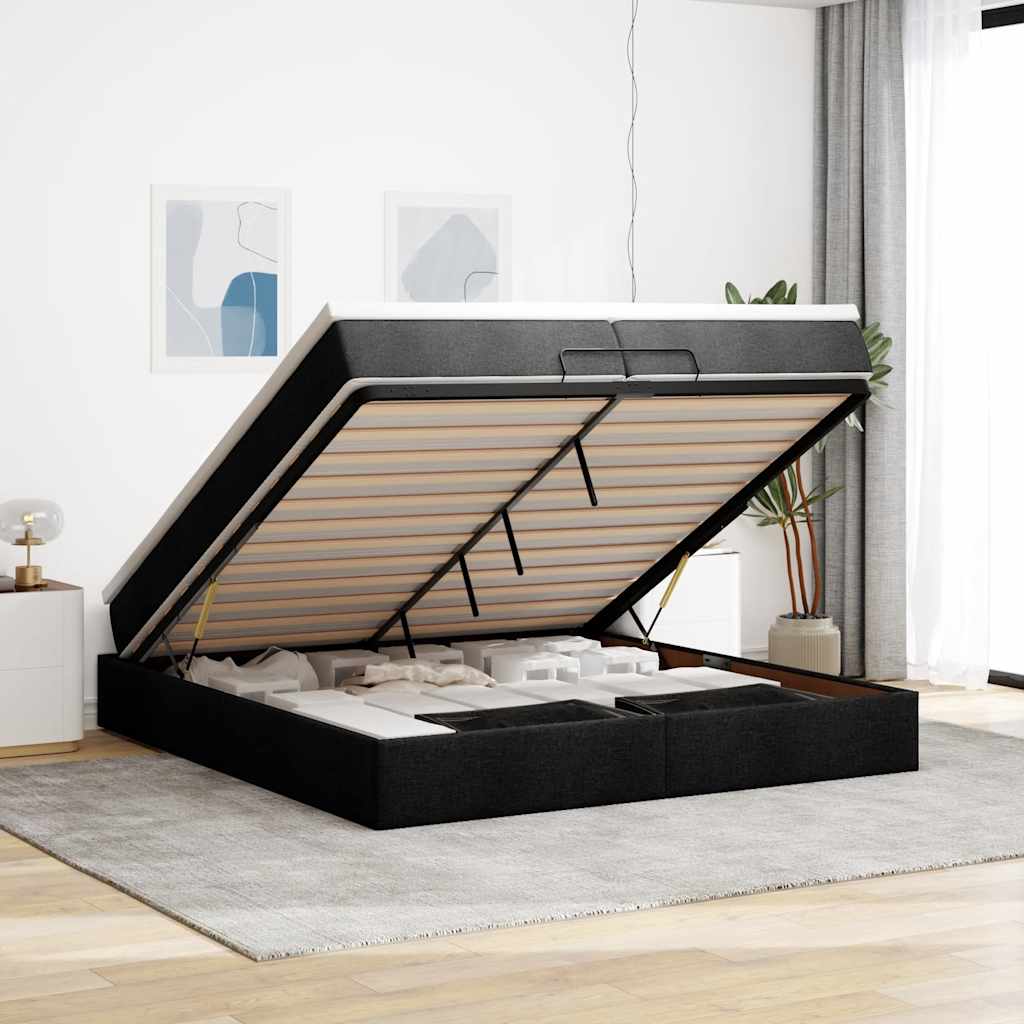 Osmannisk sengeramme med opbevaring inkl. madrasser 200×200 cm - stof, sort