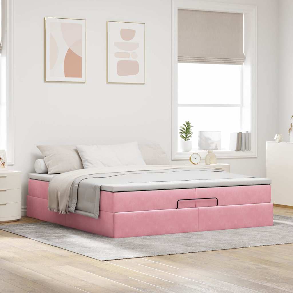 vidaXL Ottoman bed met matrassen 200x200cm fluweel roze, foto 2