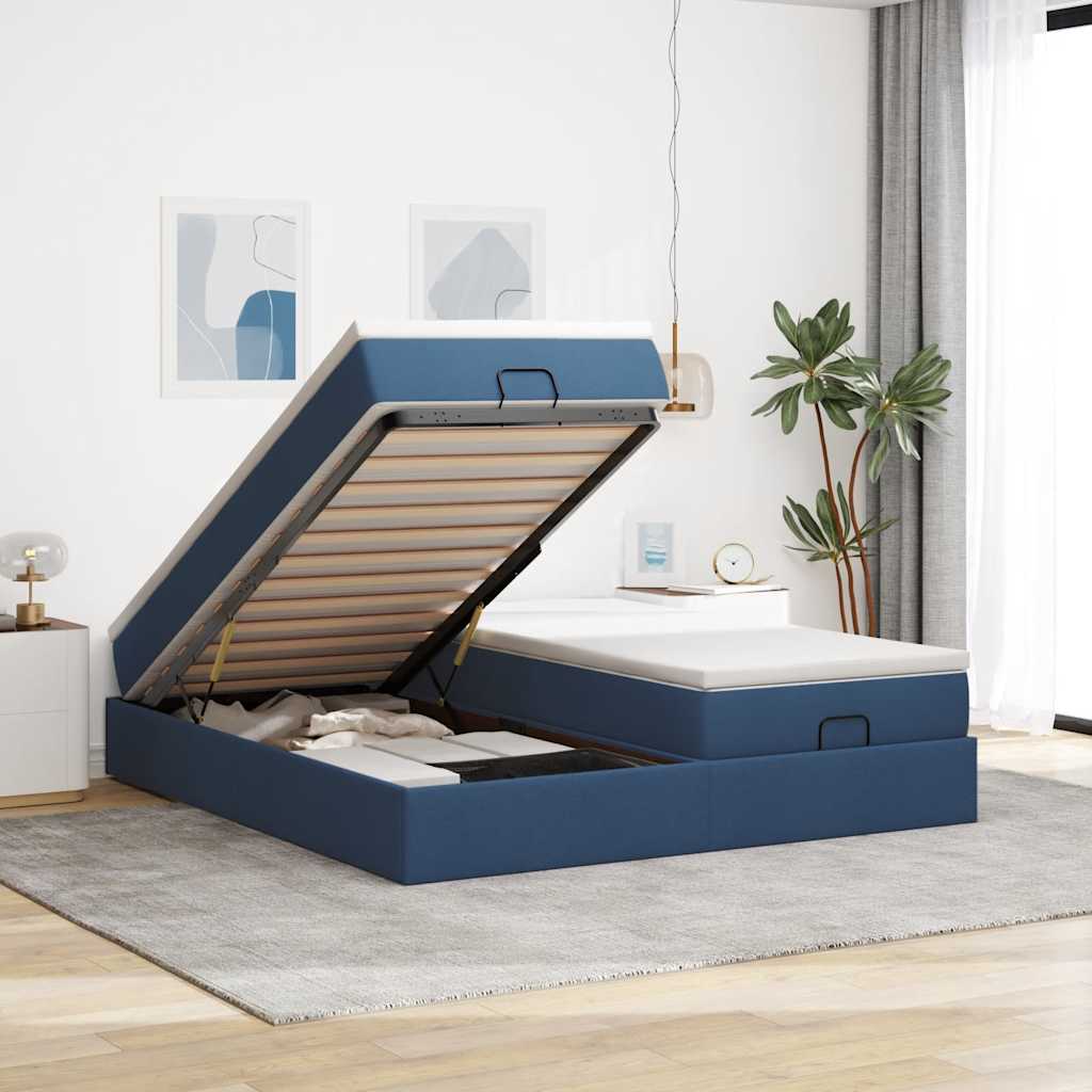 Estructura de cama otomana con colchones tela azul 160x200 cm