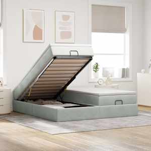 Otomanski posteljni okvir z vzmetnicami siv 160x200 cm žamet