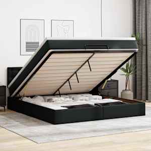 Otomanski posteljni okvir z vzmetnico črn 180x200 cm um. usnje