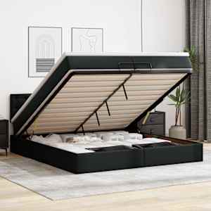 Otomanski posteljni okvir z vzmetnicami črn 200x200cm um. usnje