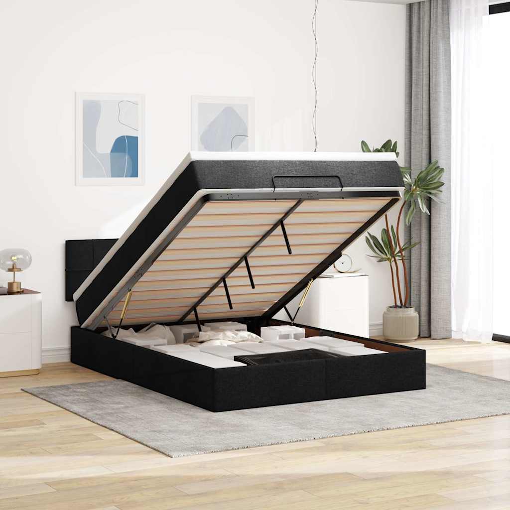 Ottoman Seng Med Madras Stof Sort - Blok med firkanter / 140 x 190 cm
