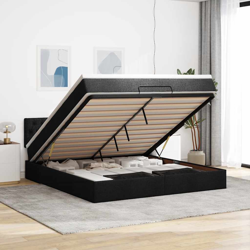 Ottoman Seng Med Madras Stof Sort - Med pynteknapper / 180 x 200 cm
