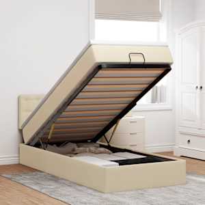 Otomanski posteljni okvir z vzmetnico krem 90x190 cm blago