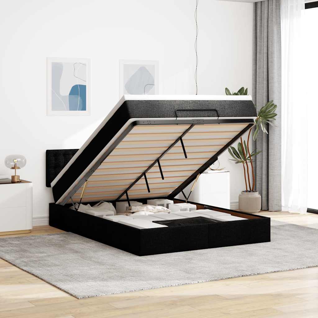 Ottoman seng med opbevaring og madras 140x200 cm - stof, sort