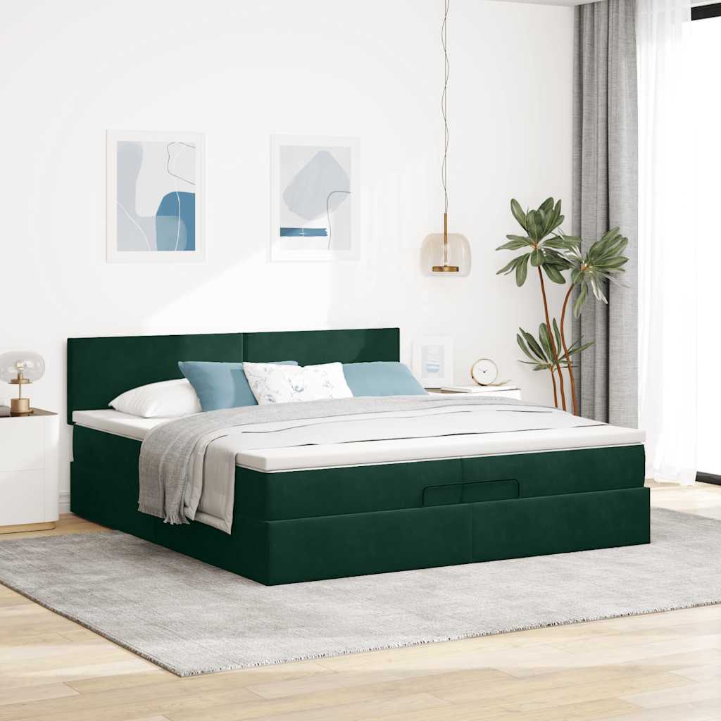 Osmanský rám postele s matrací tmavě zelená 200x200 cm samet - obrázek 3