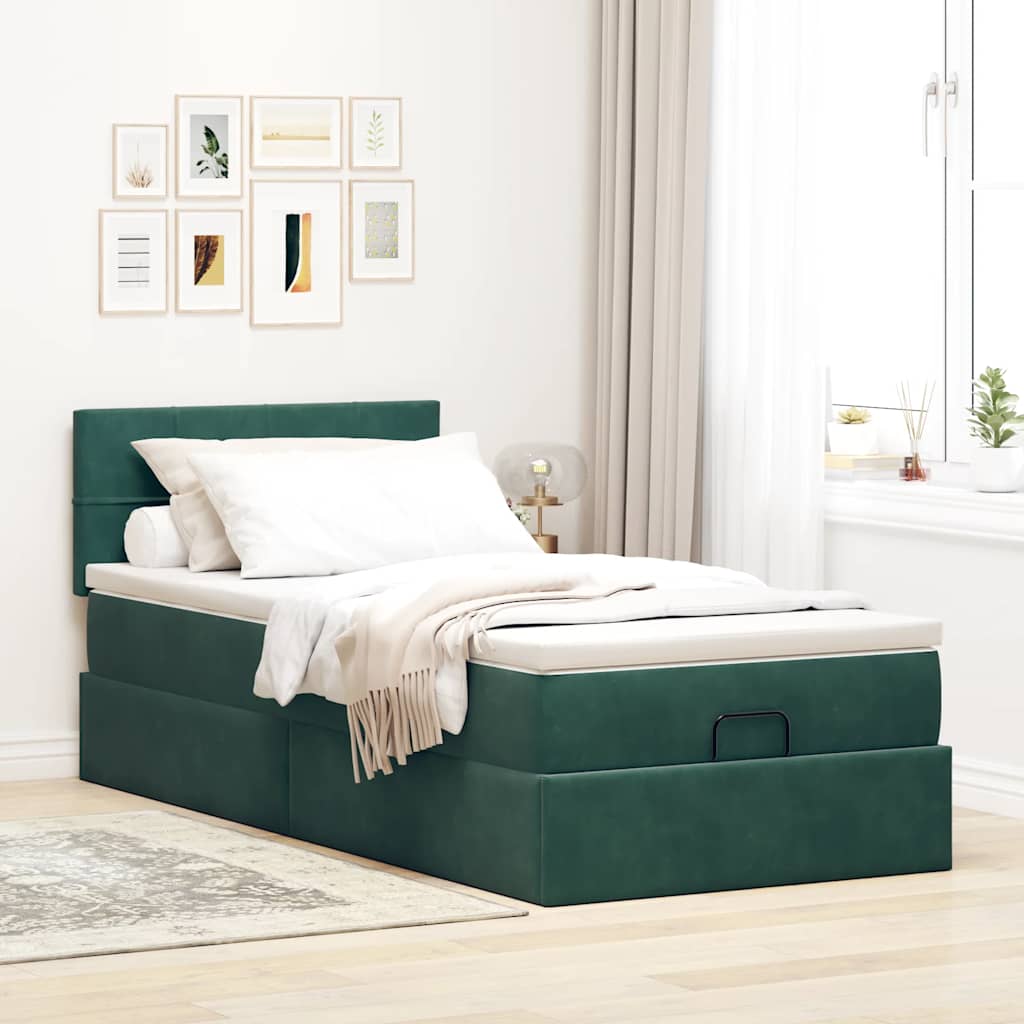 vidaXL Ottoman bed met matras 100x200 cm fluweel donkergroen afbeelding