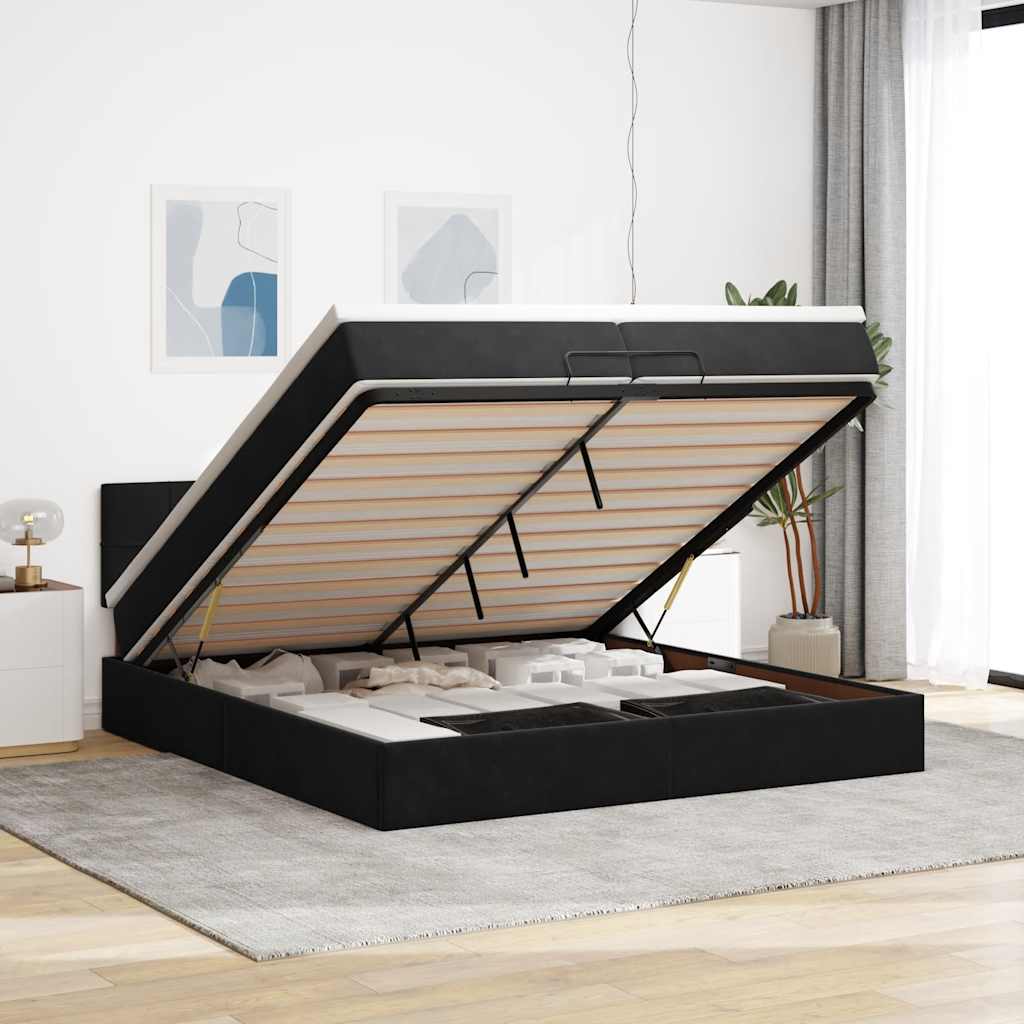 Ottomansk sengeramme med opbevaring inkl. madras 200×200 cm - fløjl, sort