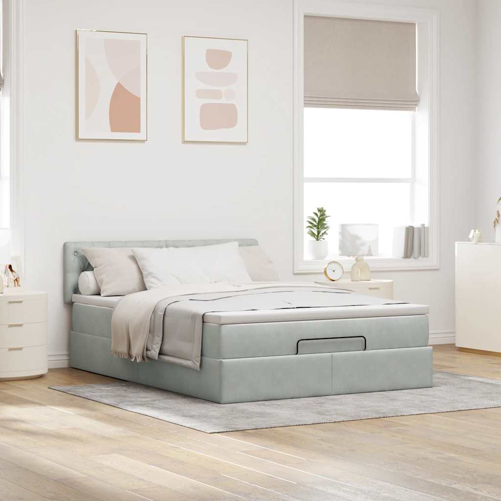 vidaXL Ottoman bed met matras 140x190cm fluweel lichtgrijs afbeelding