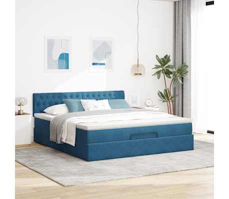 vidaXL Osmaņu gultas rāmis ar matrača tum&scaron;i zils 180x200 cm samts