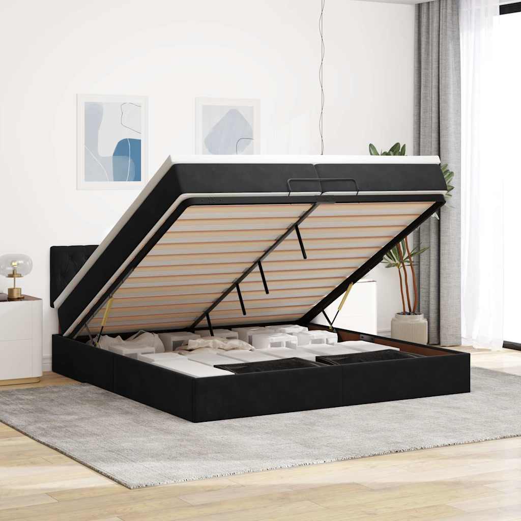 Osmannisk sengeramme med opbevaring og madras 200×200 cm - fløjl, sort