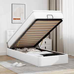 Otomanski posteljni okvir z vzmetnico bel 90x200 cm um. usnje