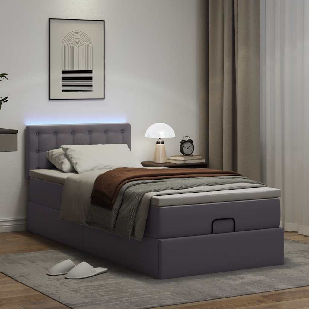 vidaXL Ottoman bed met matrassen en LED's 90x200cm kunstleer grijs afbeelding