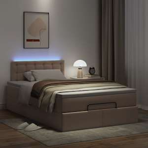 vidaXL Οθωμανικό κρεβάτι με στρώματα & LEDs Cappuccino Faux Leather