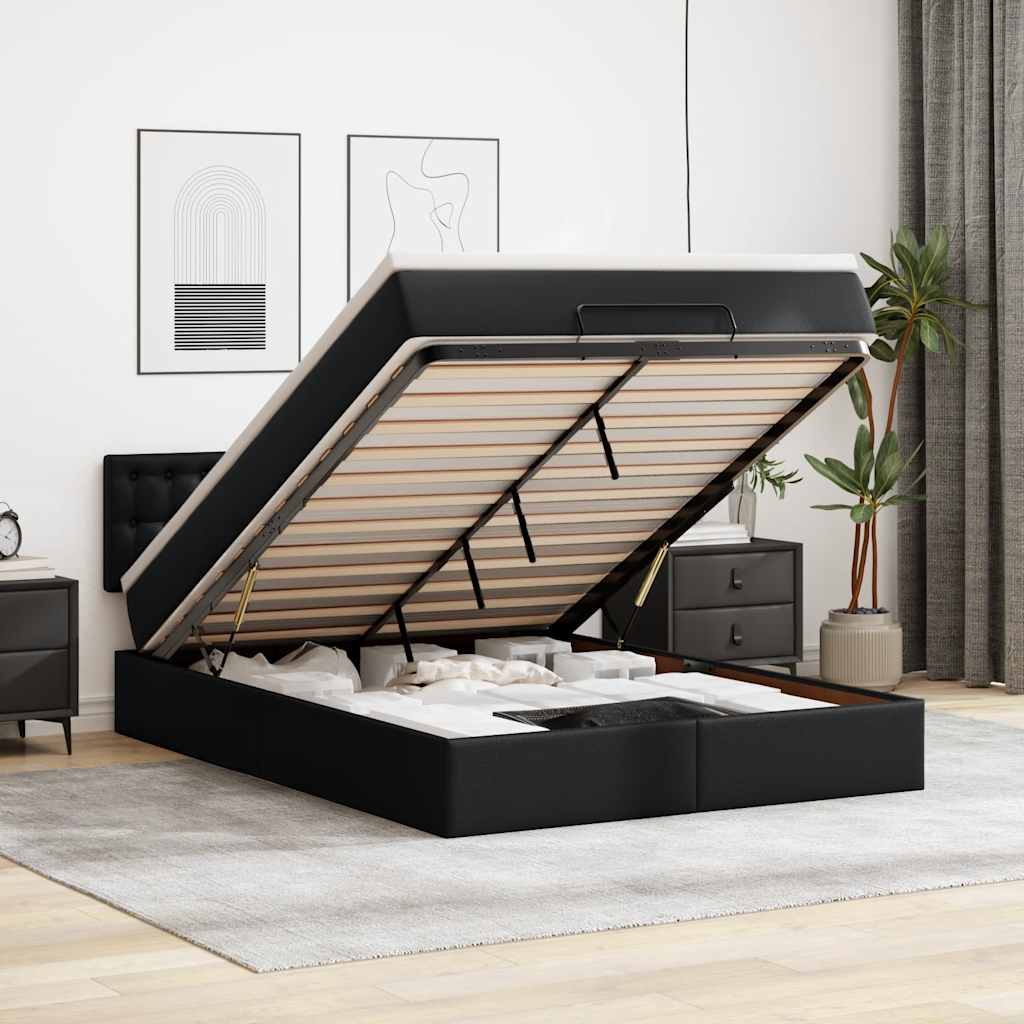 vidaXL Pat otoman cu saltele și LEDs, negru 140x190cm, piele ecologică