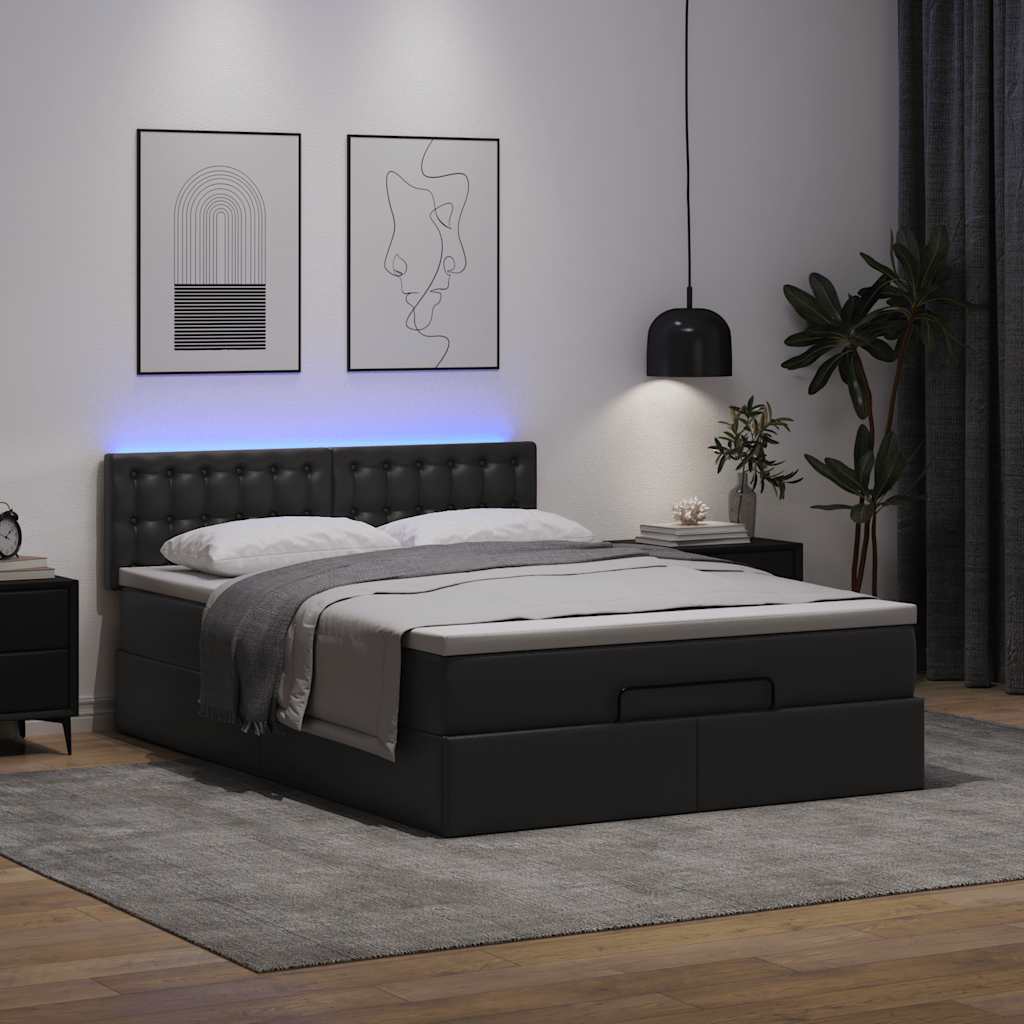 vidaXL Ottoman-Bett mit Matratzen & LEDs Schwarz 140x200 cm Kunstleder