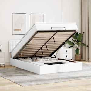 Otomanska postelja z vzmetnicami & LEDs bel 140x200cm um. usnje