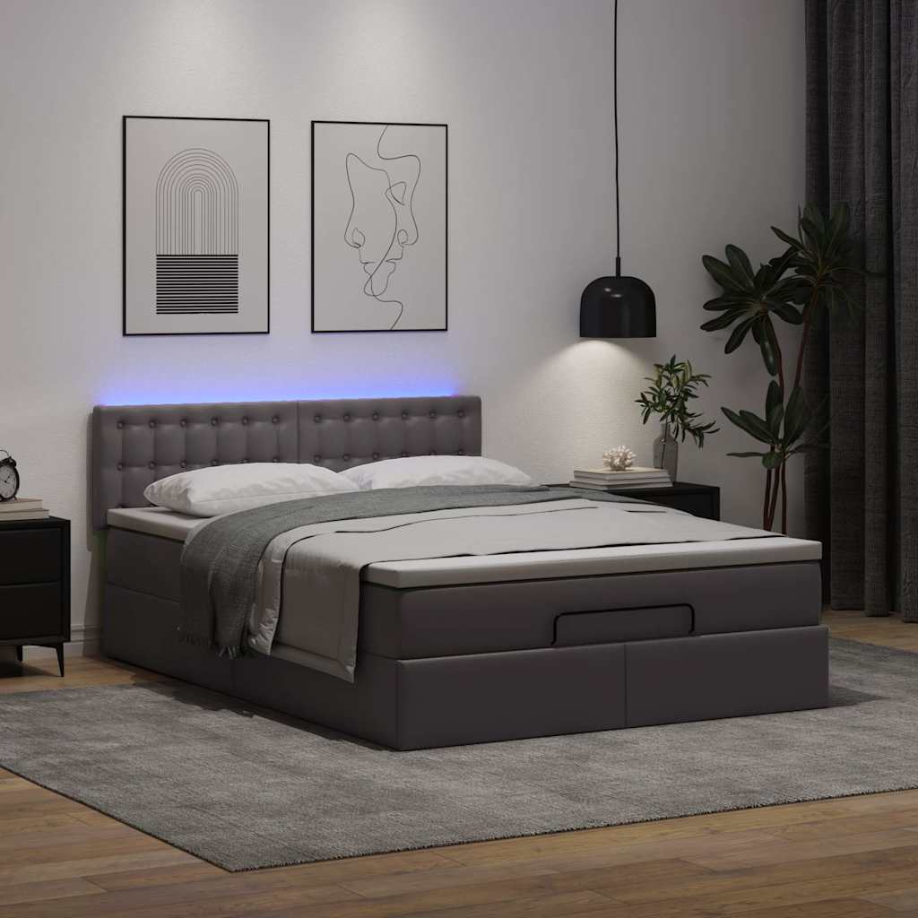 vidaXL szürke műbőr ottomán ágy matracokkal & LED-ek 140x200cm