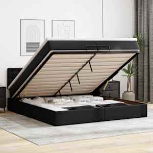 Otomanski posteljni okvir z vzmetnico črn 200x200 cm um. usnje