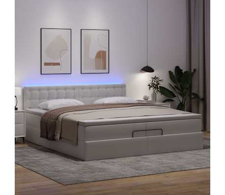 vidaXL Οθωμανικό κρεβάτι με στρώματα & LEDs Καθαρό λευκό Faux Leather