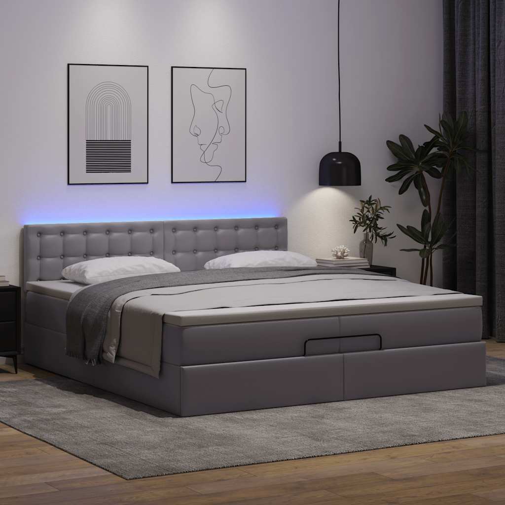 vidaXL Ottoman bed met matrassen en LED's 200x200cm kunstleer grijs, foto 2