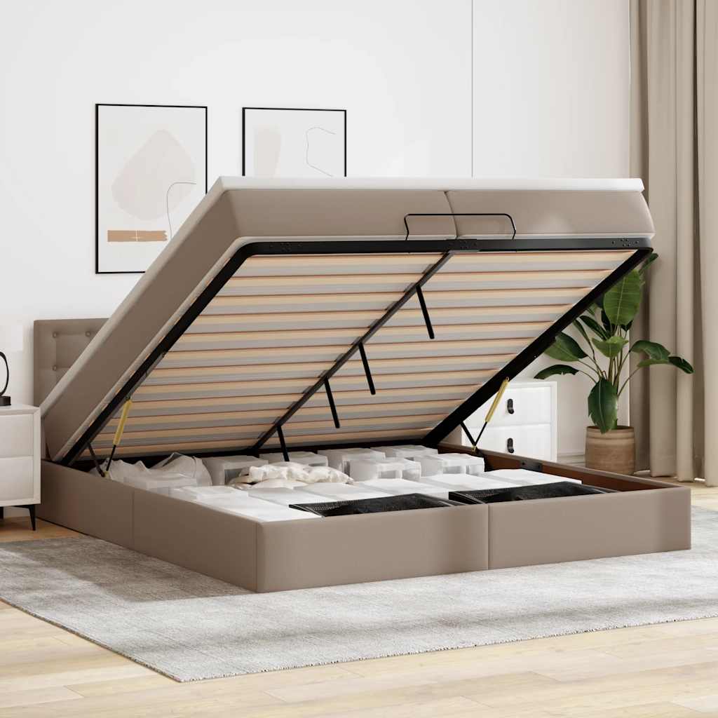 Osmannisk sengeramme med madras 200 x 200 cm i kunstlæder med opbevaring og LED-lys - cappuccino