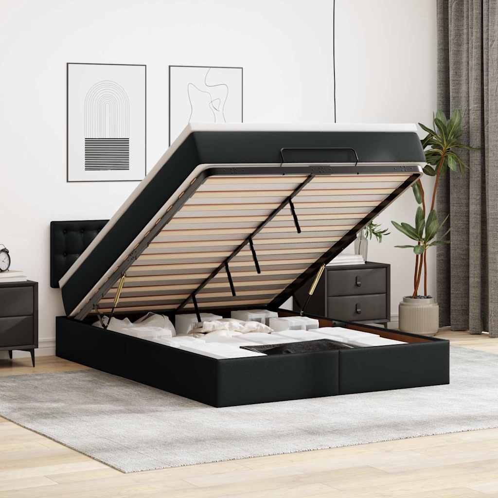 TopSellers-Ottoman Bed with Mattresses - Black Faux Leather Queen