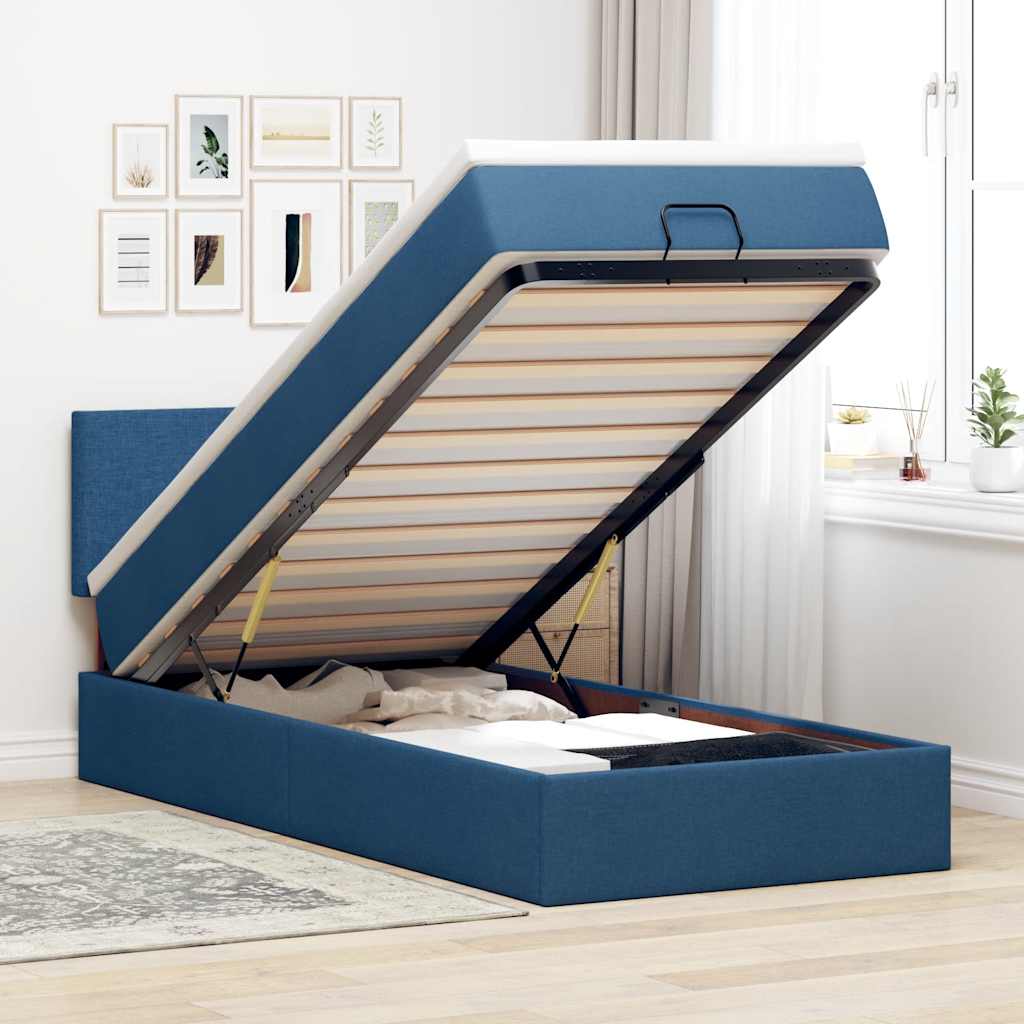 vidaXL Ottoman seng med madras & LEDs Blå 90x200 cm Stof
