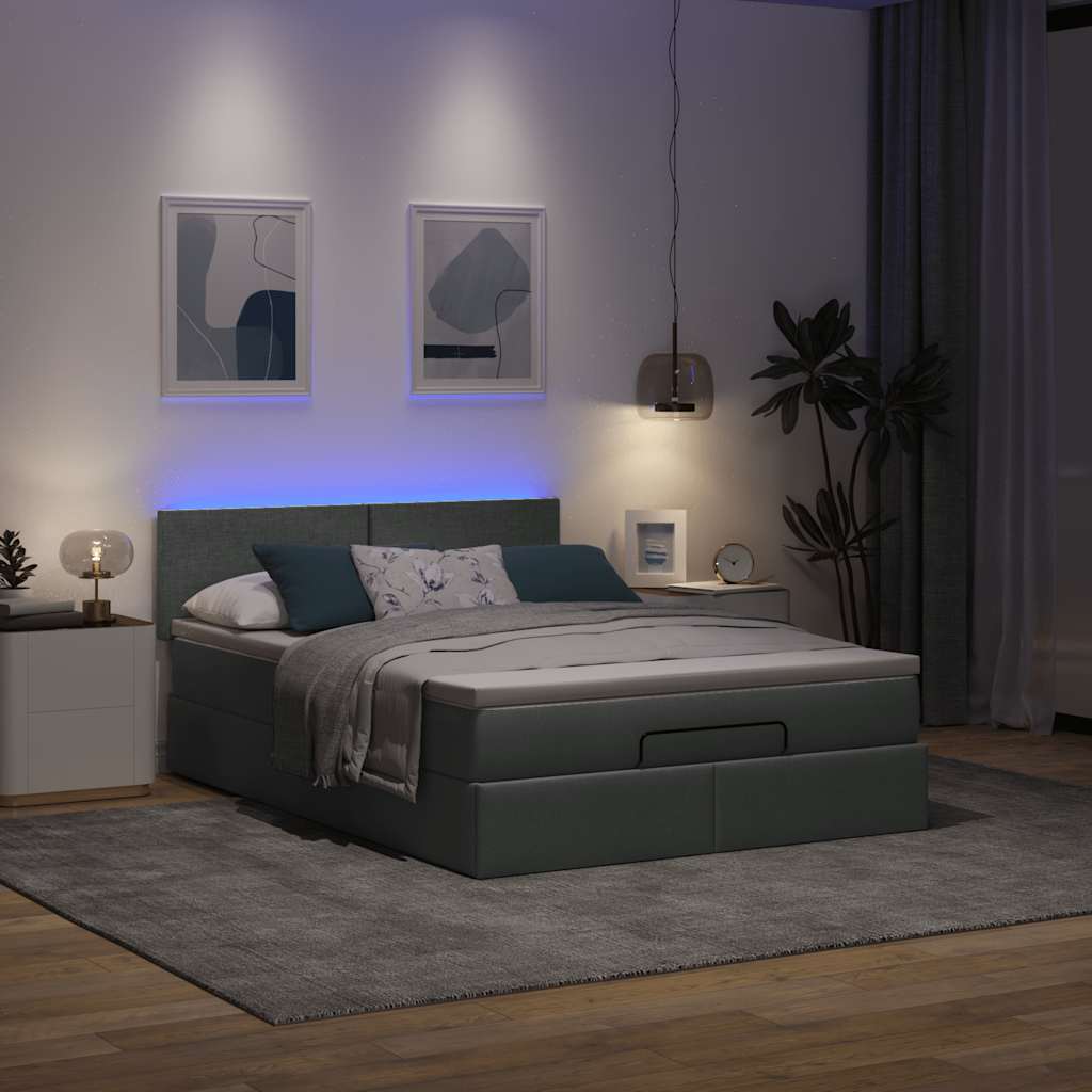 vidaXL Bed poef met matras en LED's stof 140x190 cm donkergrijs grijs, foto 2