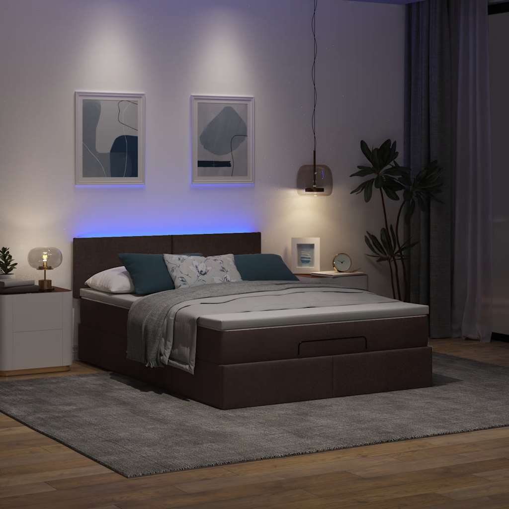 vidaXL Bed poef met matras en LED's 140x190 cm stof donkerbruin afbeelding