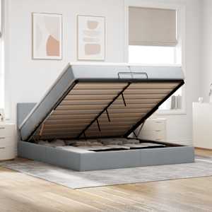 Otomanski posteljni okvir z vzmetnicami siv 200x200 cm blago