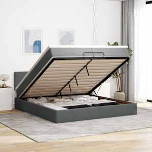 Otomanski posteljni okvir z vzmetnicami siv 200x200 cm blago