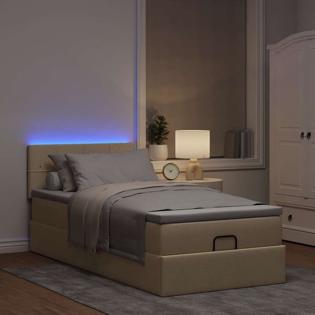 vidaXL Ottoman bed met matras en LED's 100x200 cm stof crèmekleurig afbeelding